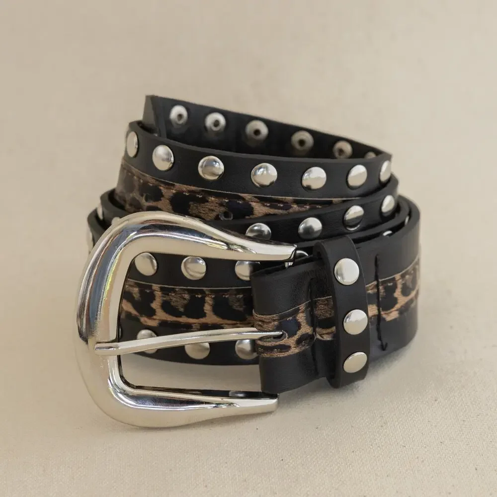 Vintage Leopard Studded Leather Belt Silver Buckle Y2K Punk Grunge Unisex